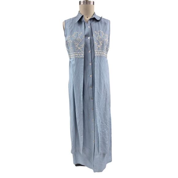 80s VTG NWT Cynthia Howie Maggy Boutique Linen Dress Sky Blue Embroidered Sz 10 - Picture 1 of 7